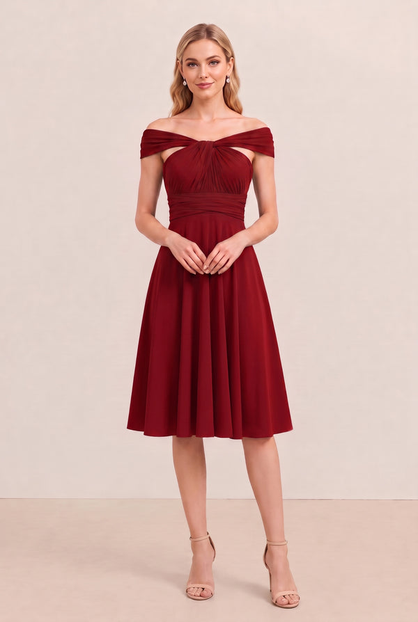 Burgundy Convertible Stretch Jersey A-Line Cocktail Dress