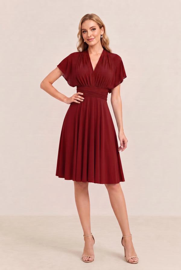 Burgundy Convertible Stretch Jersey A-Line Cocktail Dress