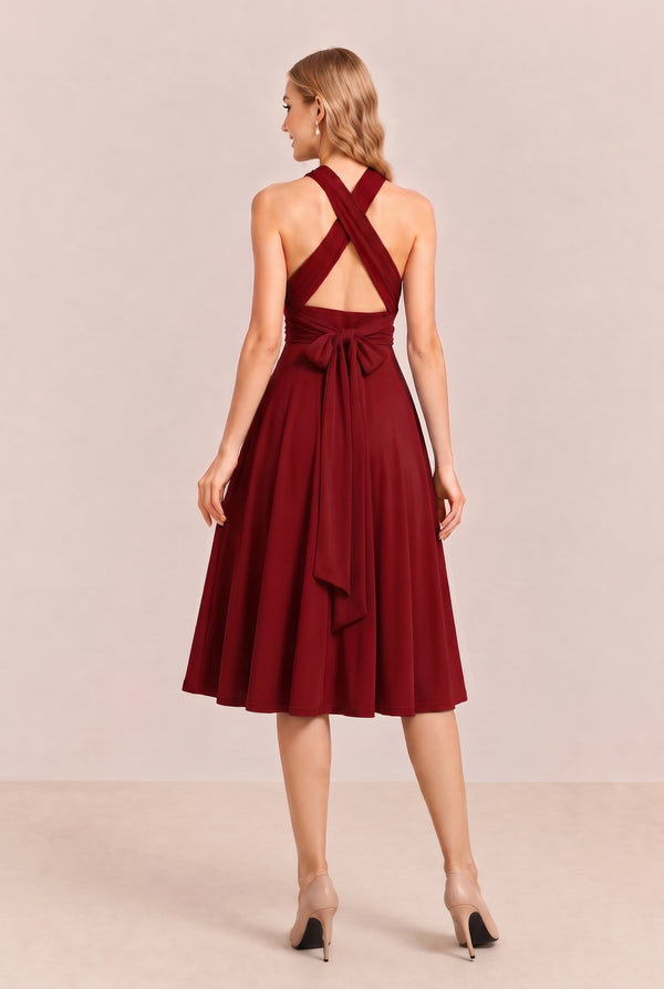 Burgundy Convertible Stretch Jersey A-Line Cocktail Dress