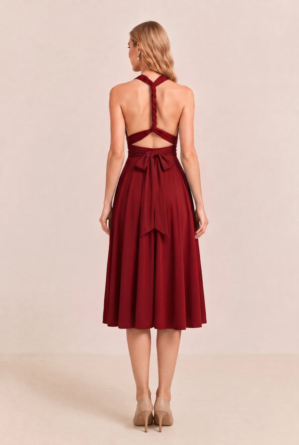 Burgundy Convertible Stretch Jersey A-Line Cocktail Dress