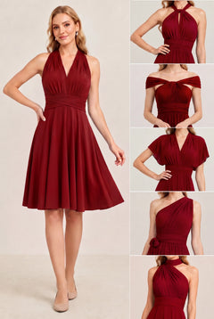 Burgundy Convertible Stretch Jersey A-Line Cocktail Dress