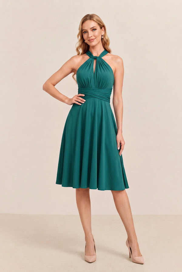 Dark Green Convertible Stretch Jersey A-Line Cocktail Dress