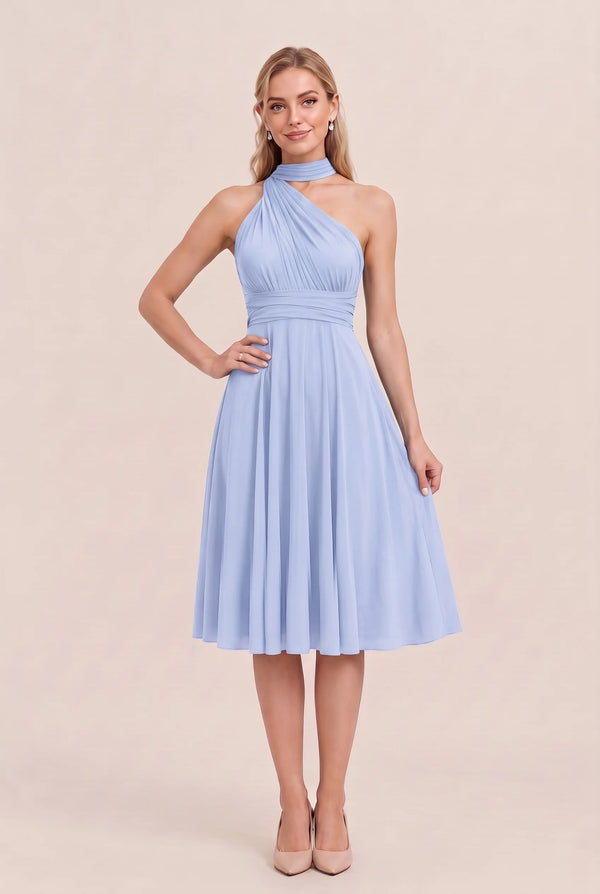 Ice Blue Convertible Stretch Jersey A-Line Cocktail Dress