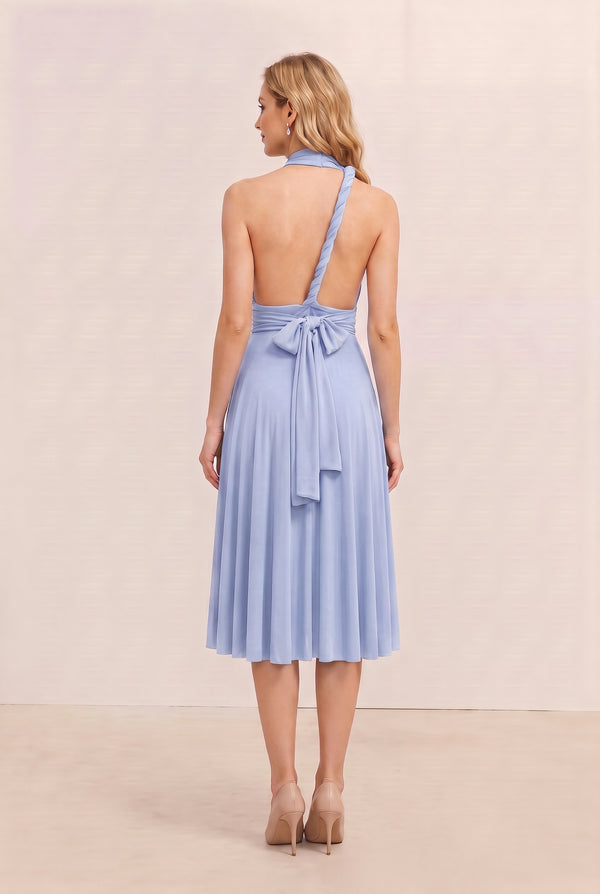 Ice Blue Convertible Stretch Jersey A-Line Cocktail Dress