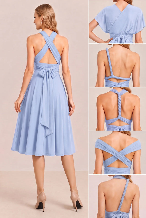 Ice Blue Convertible Stretch Jersey A-Line Cocktail Dress