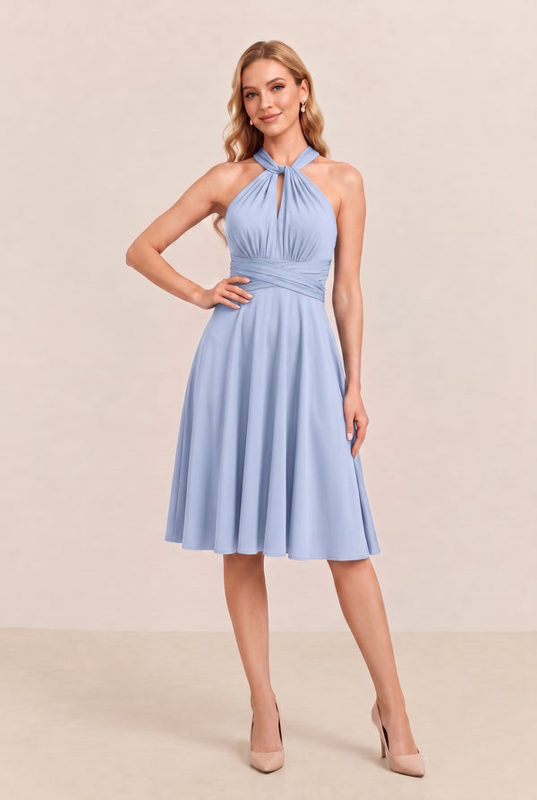 Ice Blue Convertible Stretch Jersey A-Line Cocktail Dress