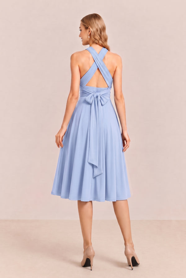 Ice Blue Convertible Stretch Jersey A-Line Cocktail Dress