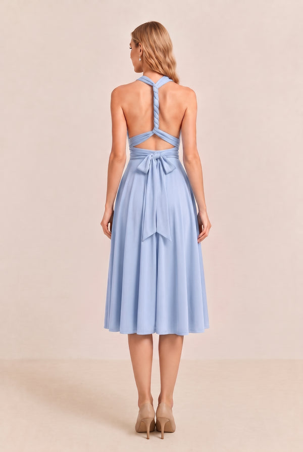 Ice Blue Convertible Stretch Jersey A-Line Cocktail Dress