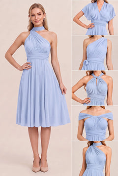 Ice Blue Convertible Stretch Jersey A-Line Cocktail Dress