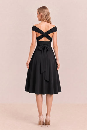 Black Convertible Stretch Jersey A-Line Cocktail Dress