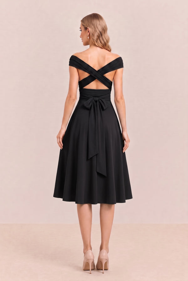 Black Convertible Stretch Jersey A-Line Cocktail Dress