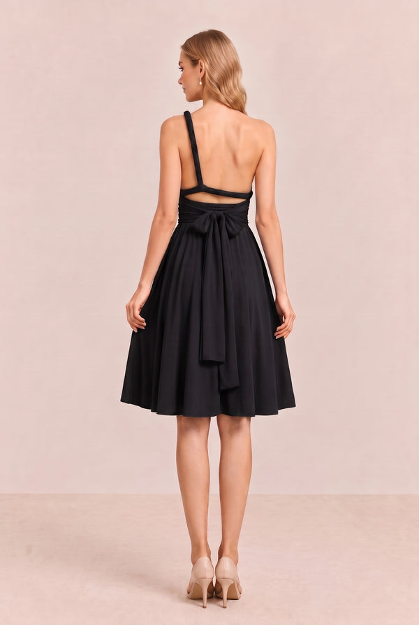 Black Convertible Stretch Jersey A-Line Cocktail Dress