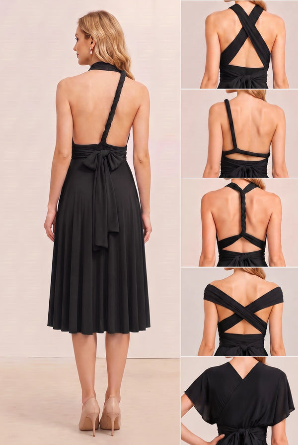 Black Convertible Stretch Jersey A-Line Cocktail Dress