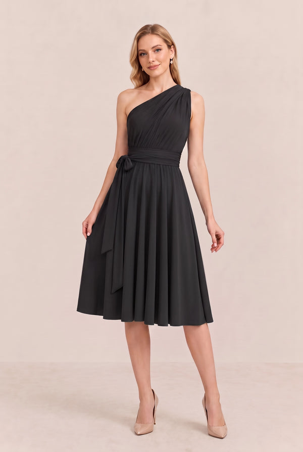 Black Convertible Stretch Jersey A-Line Cocktail Dress