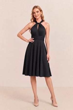 Black Convertible Stretch Jersey A-Line Cocktail Dress