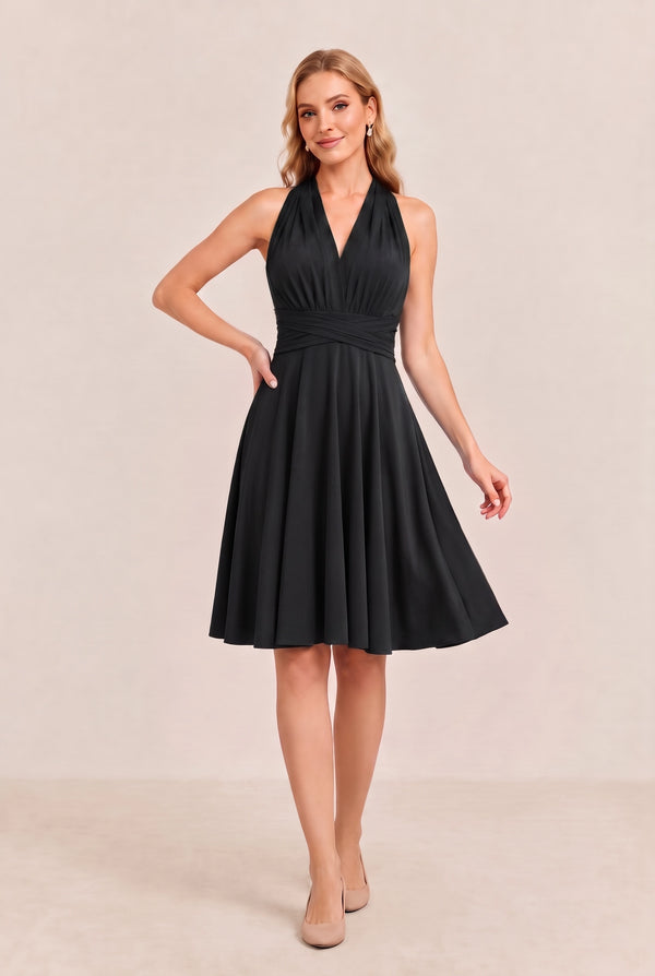 Black Convertible Stretch Jersey A-Line Cocktail Dress