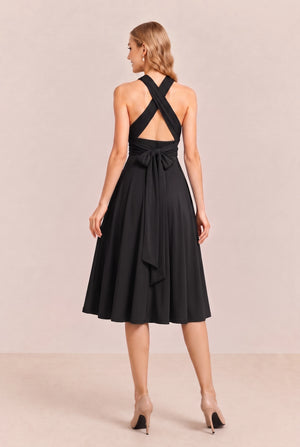 Black Convertible Stretch Jersey A-Line Cocktail Dress