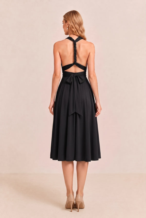 Black Convertible Stretch Jersey A-Line Cocktail Dress