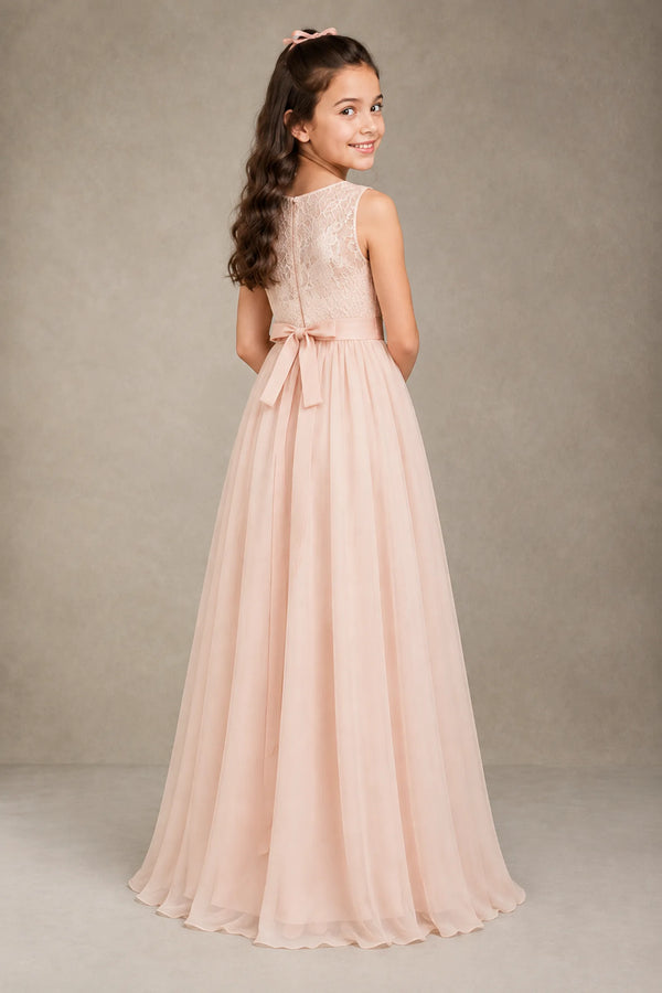 Ivory-Pearl Pink Floor-Length Lace and Chiffon A-Line Flower Girl Dress