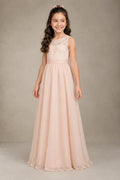 Ivory-Pearl Pink Floor-Length Lace and Chiffon A-Line Flower Girl Dress