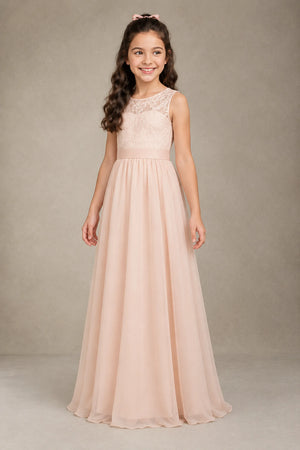 Ivory-Pearl Pink Floor-Length Lace and Chiffon A-Line Flower Girl Dress