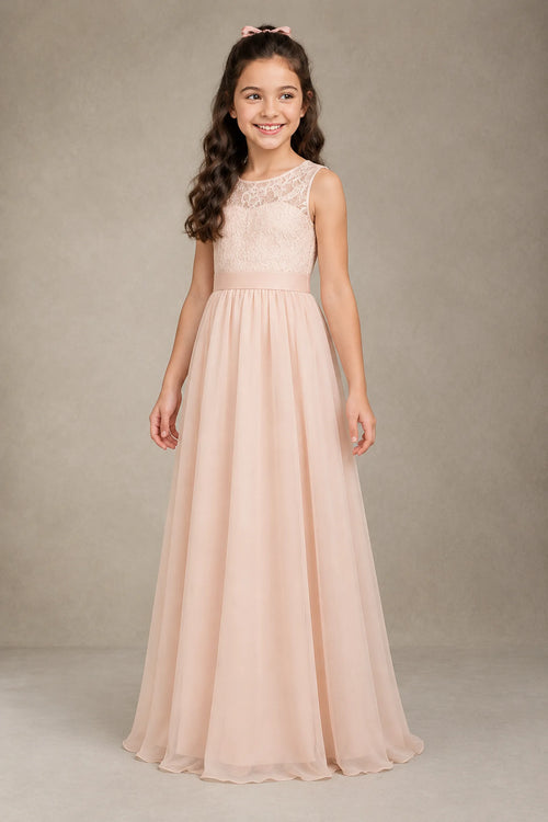 Ivory-Pearl Pink Floor-Length Lace and Chiffon A-Line Flower Girl Dress