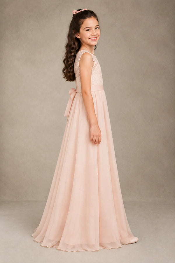 Ivory-Pearl Pink Floor-Length Lace and Chiffon A-Line Flower Girl Dress