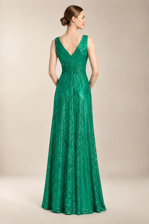 Green Ruched Surplice Sequin A-Line Evening Dress