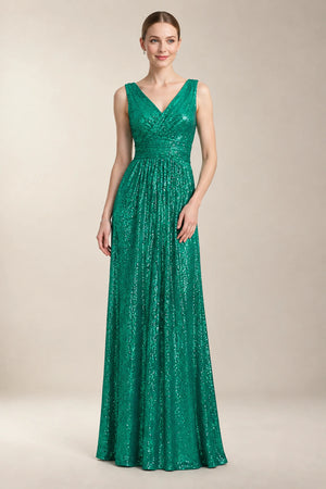 Green Ruched Surplice Sequin A-Line Evening Dress