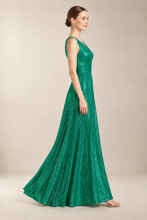 Green Ruched Surplice Sequin A-Line Evening Dress