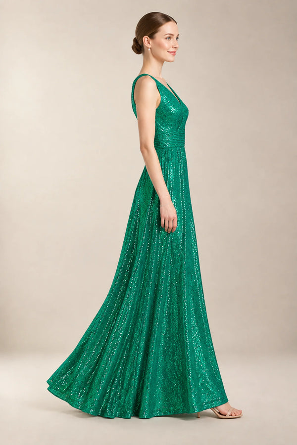 Green Ruched Surplice Sequin A-Line Evening Dress