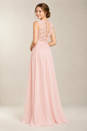 Pearl Pink Lace and Chiffon A-Line Bridesmaid Dress with Illusion Back