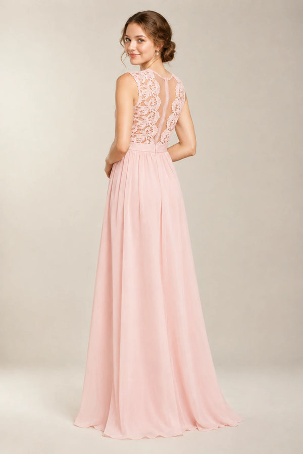 Pearl Pink Lace and Chiffon A-Line Bridesmaid Dress with Illusion Back
