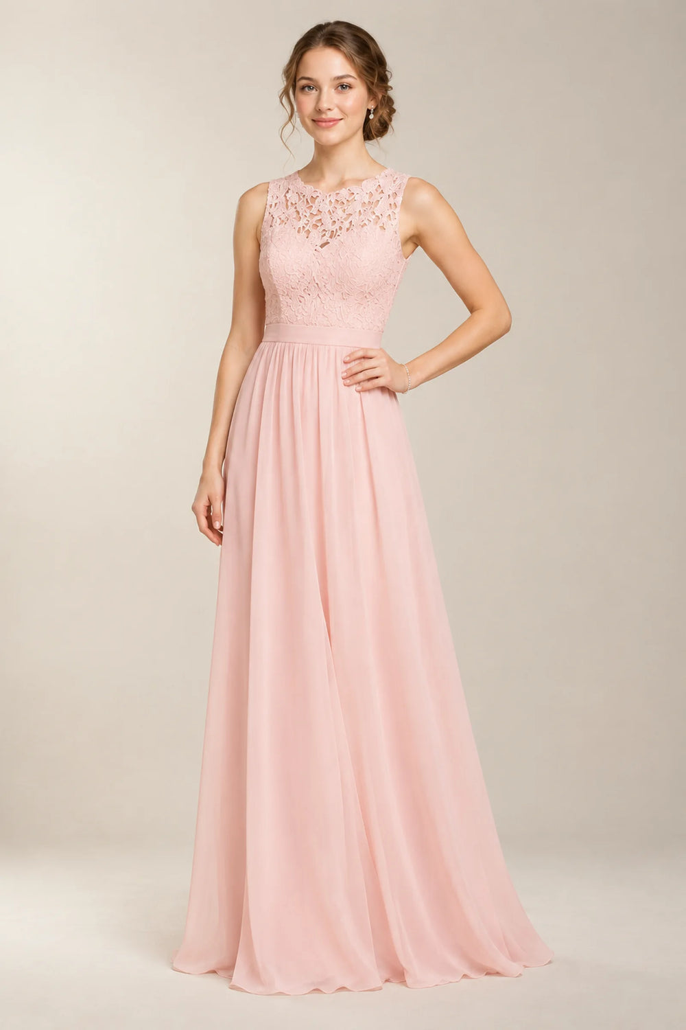 Pearl Pink Lace and Chiffon A-Line Bridesmaid Dress with Illusion Back
