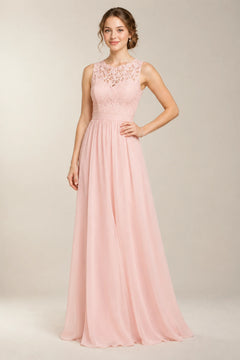 Pearl Pink Lace and Chiffon A-Line Bridesmaid Dress with Illusion Back