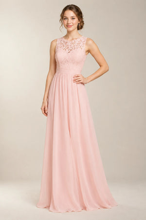 Pearl Pink Lace and Chiffon A-Line Bridesmaid Dress with Illusion Back