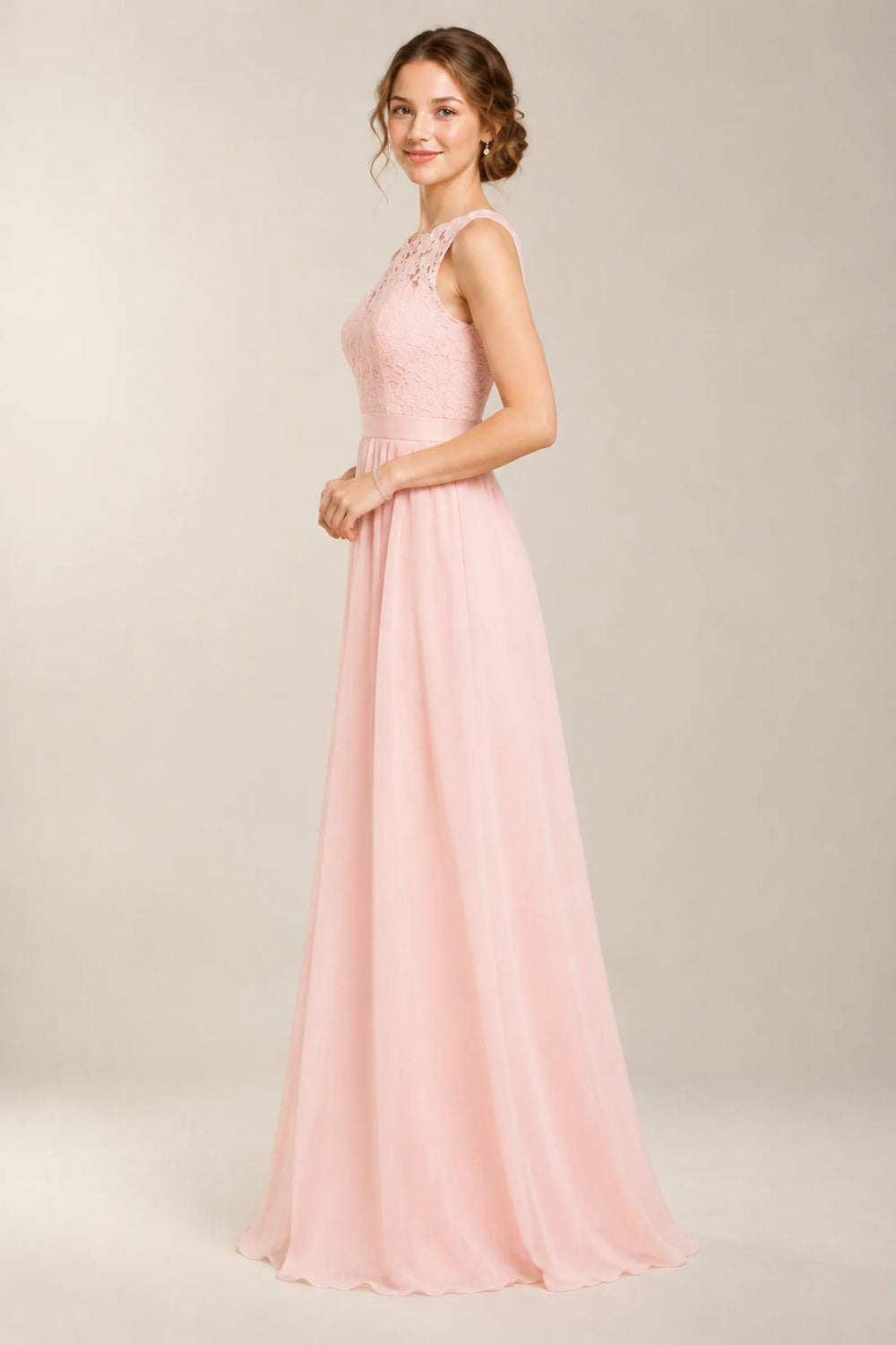 Pearl Pink Lace and Chiffon A-Line Bridesmaid Dress with Illusion Back