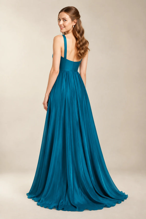 Blue Plunging Stretch Satin A-Line Bridesmaid Dress