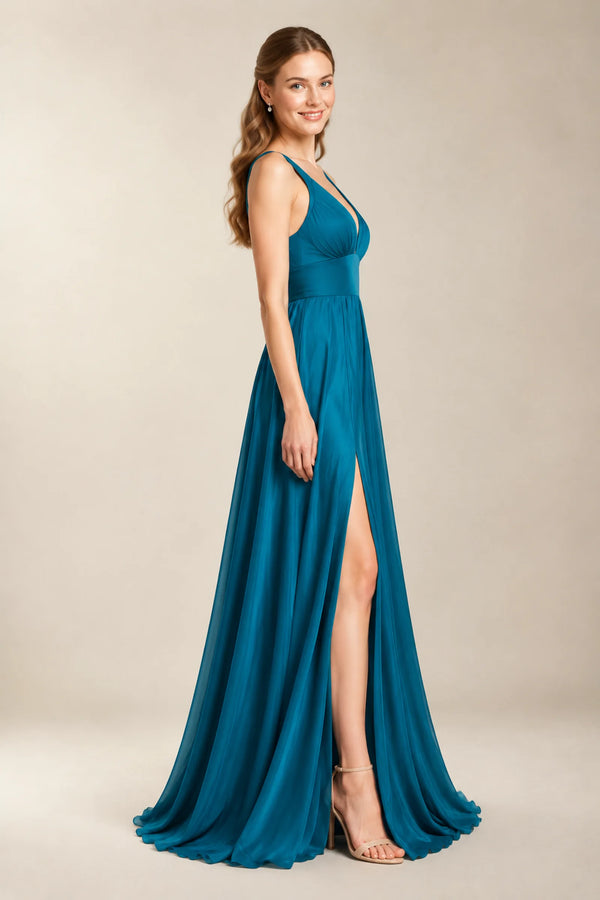 Blue Plunging Stretch Satin A-Line Bridesmaid Dress