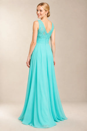 Aquamarine Ruched Chiffon A-Line Bridesmaid Dress with Illusion Lace Bodice