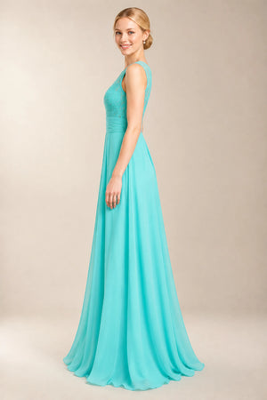 Aquamarine Ruched Chiffon A-Line Bridesmaid Dress with Illusion Lace Bodice