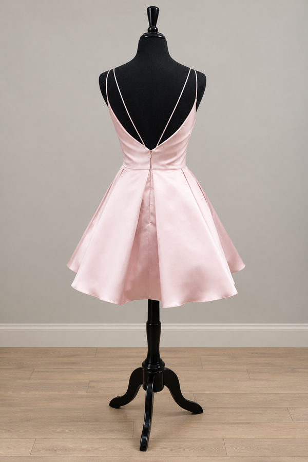 Blushing Pink Open-Back Pleated Satin A-Line Short Homecoming Dress