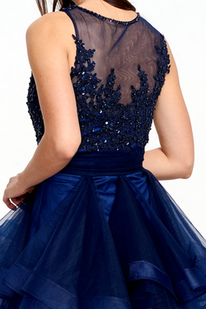 Navy Tiered Tulle A-Line Homecoming Dress with Illusion Lace Bodice