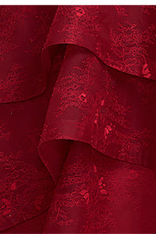 Burgundy Lace-Applique Tulle Mermaid Prom Dress with Tiered Ruffles