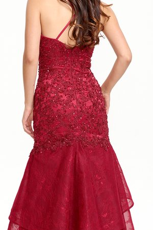 Burgundy Lace-Applique Tulle Mermaid Prom Dress with Tiered Ruffles