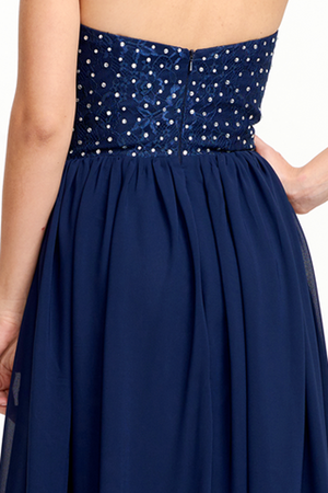 Navy Strapless Plunging Chiffon A-Line Evening Gown