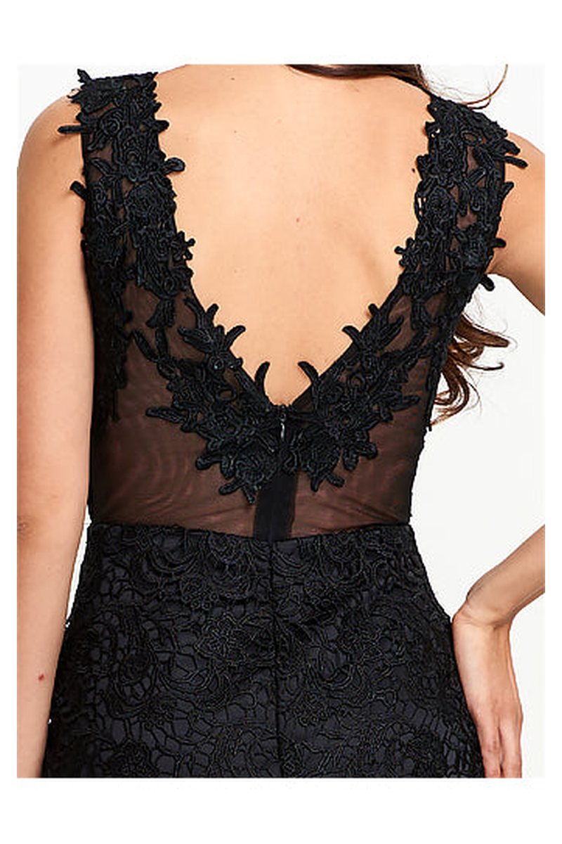 Black Lace Sheath Evening Gown with Illusion Neckline and Low Back