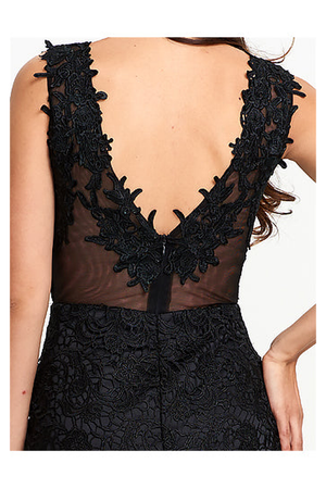 Black Lace Sheath Evening Gown with Illusion Neckline and Low Back