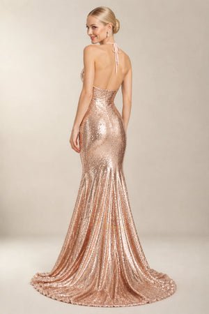 Plunging Sequin Mermaid Prom Dress with High Slit