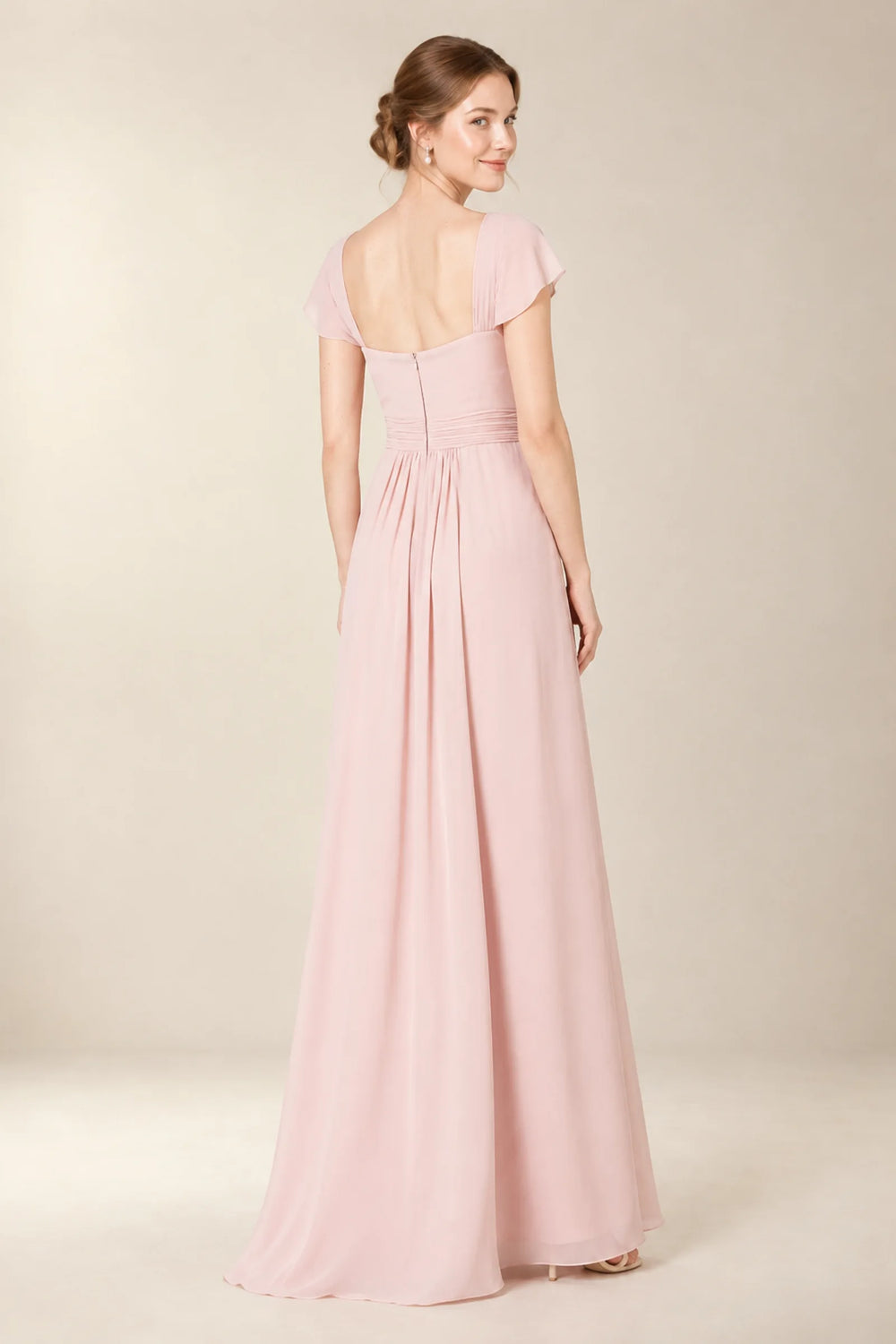 Pearl Pink Ruched Lace-Trimmed Chiffon A-Line Bridesmaid Dress